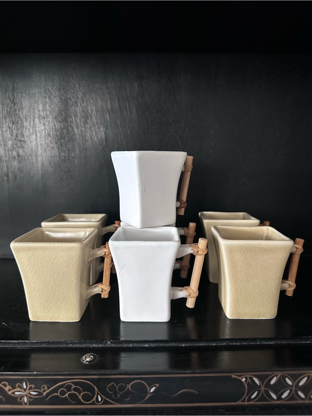 Joyce Chen Ceramic espresso cups with bamboo handles - Cream & Beige set of 7